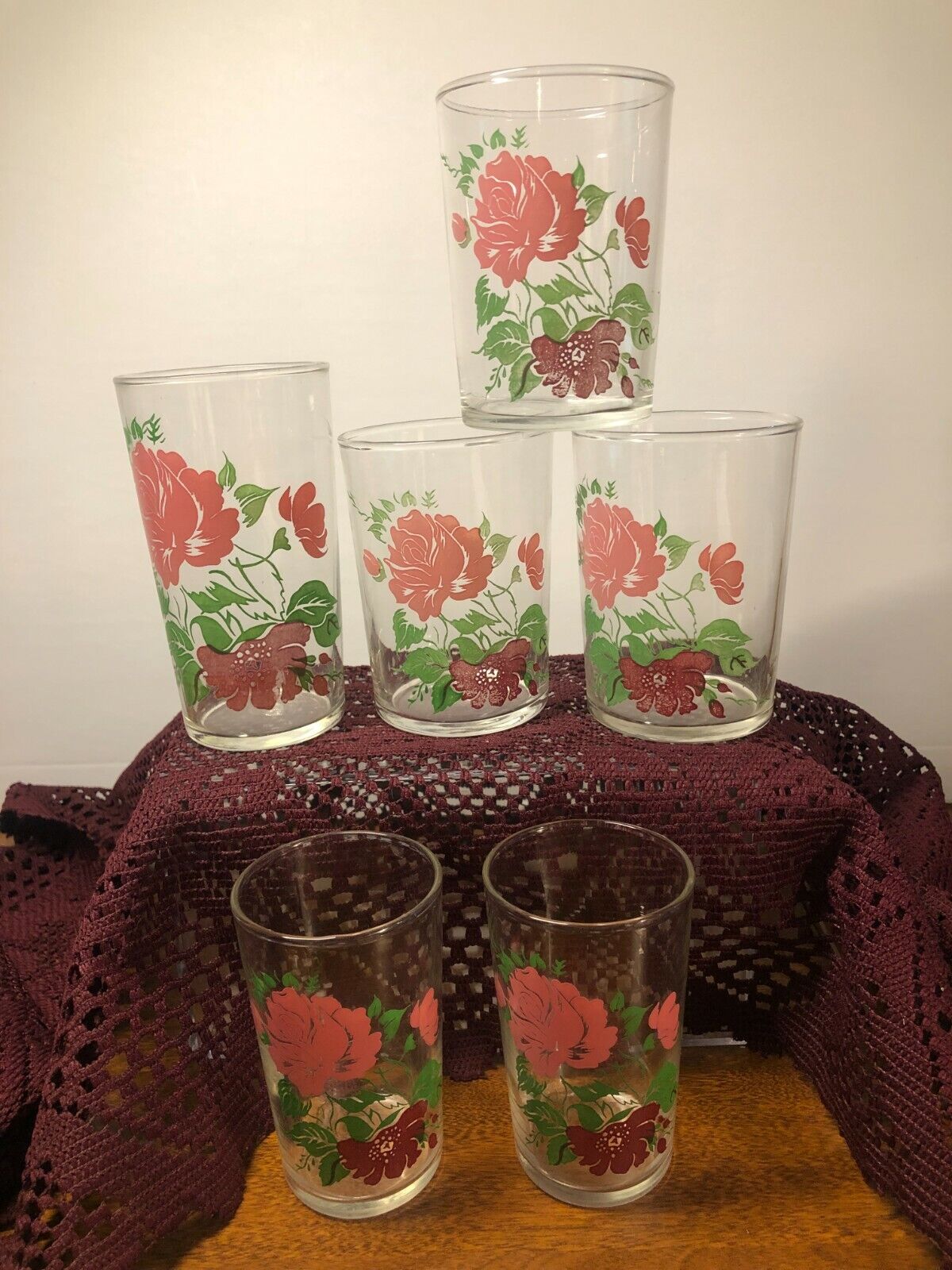 Vintage Federal Glassware Mid Century Modern MCM Pink & Red Rose Floral Lot 6