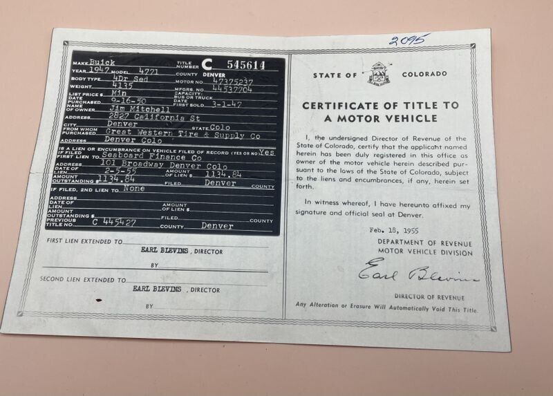 Vintage 1947 Buick Colorado Car Title Collectable Historical Document