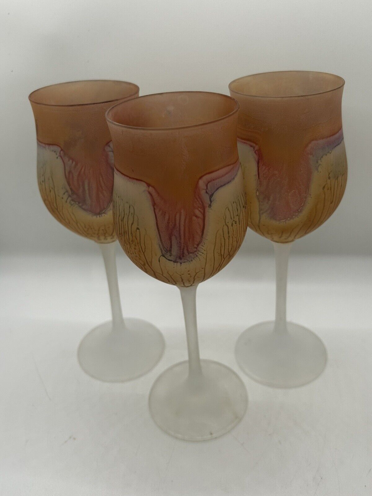 Rueven Free Form Hand Blown Art Glass Wine Glasses Set Of 3