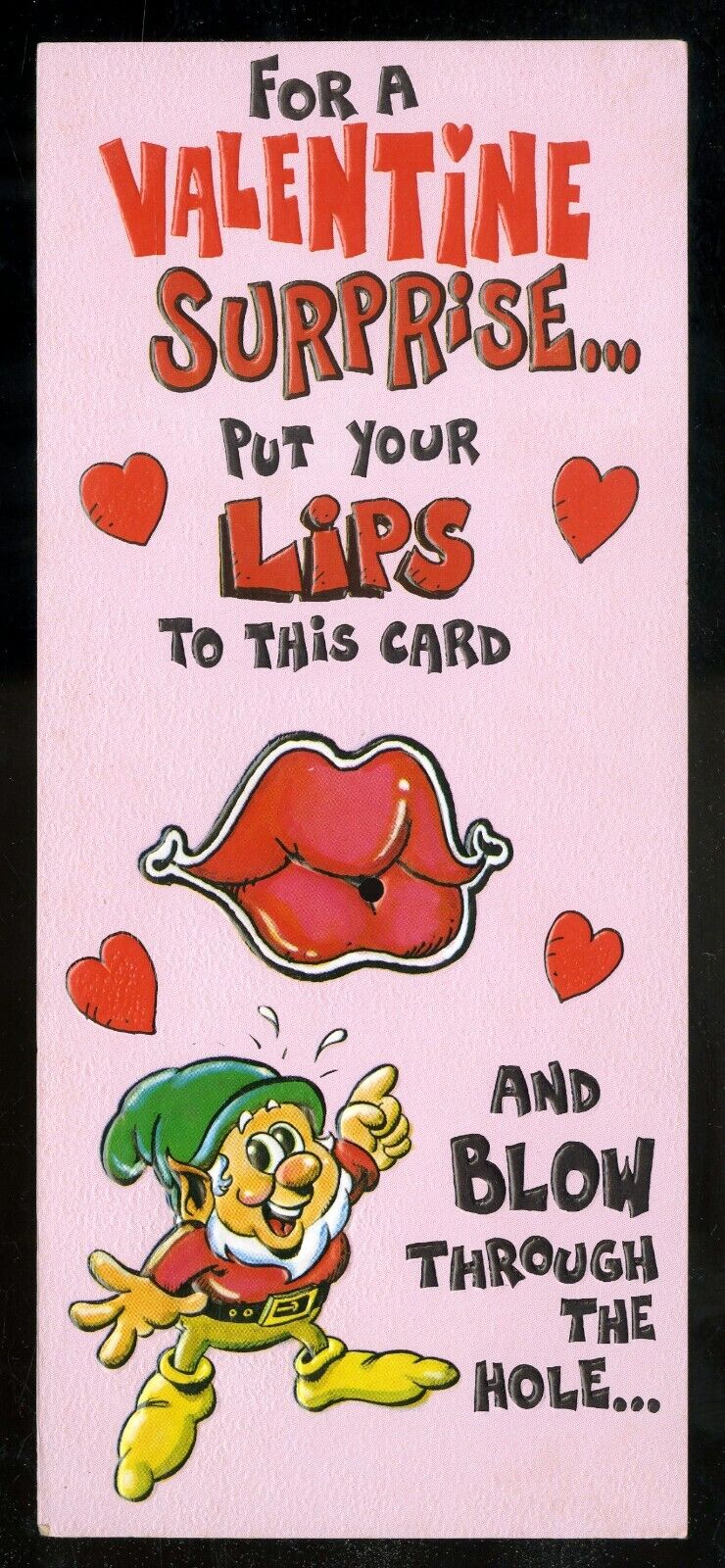 Vintage Valentines Day Card Retro LEPRECHAUN GNOME LIPS & BLOW THRU HOLE NOS
