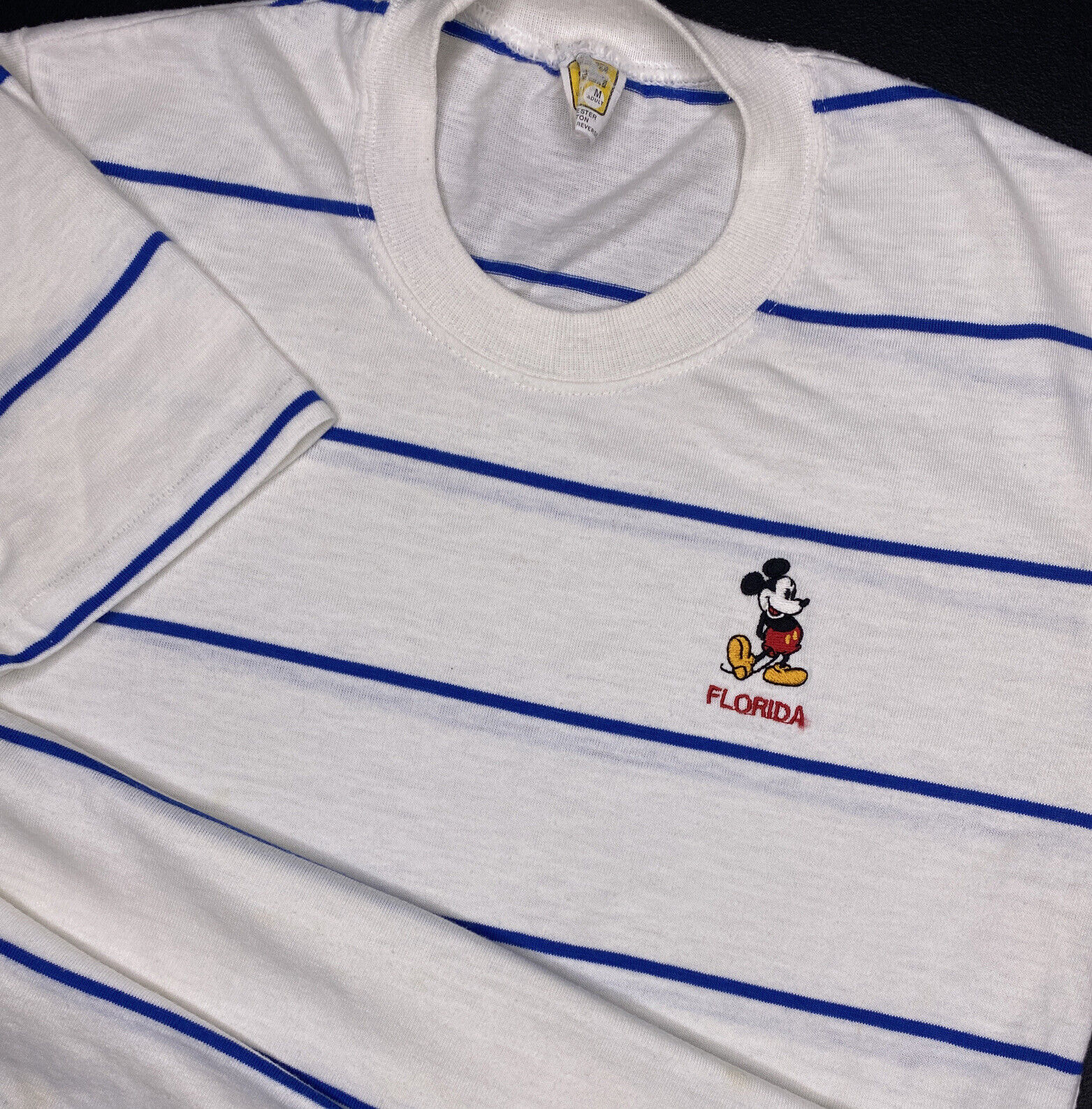 Vintage Disney Mickey Mouse T-Shirt Velva Sheen 80s Single Stitched Striped Sz M