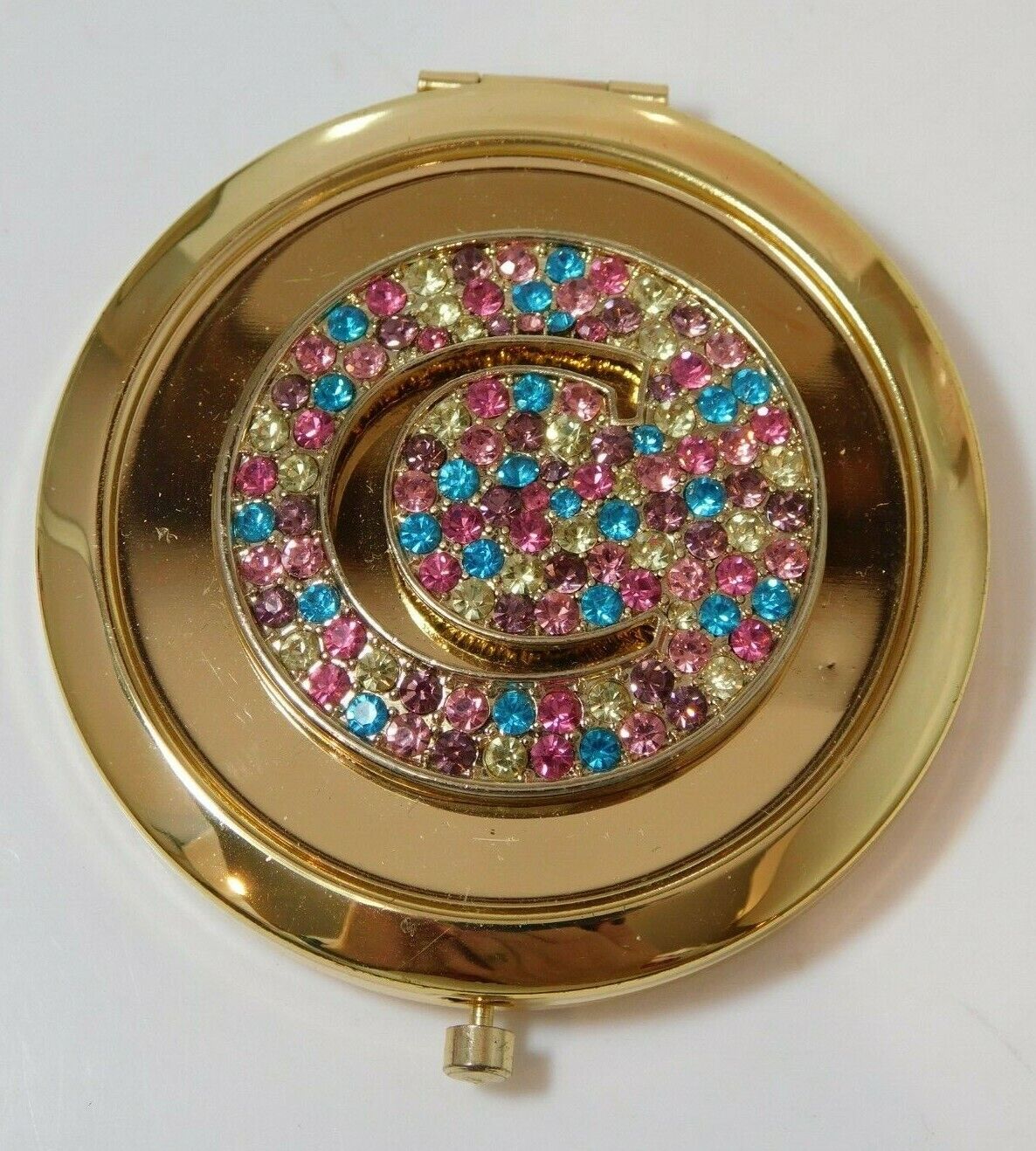 Vintage Shiny \'C\' Blue Pink Rhinestones Compact 2Mirror Magnified Purse Cd3