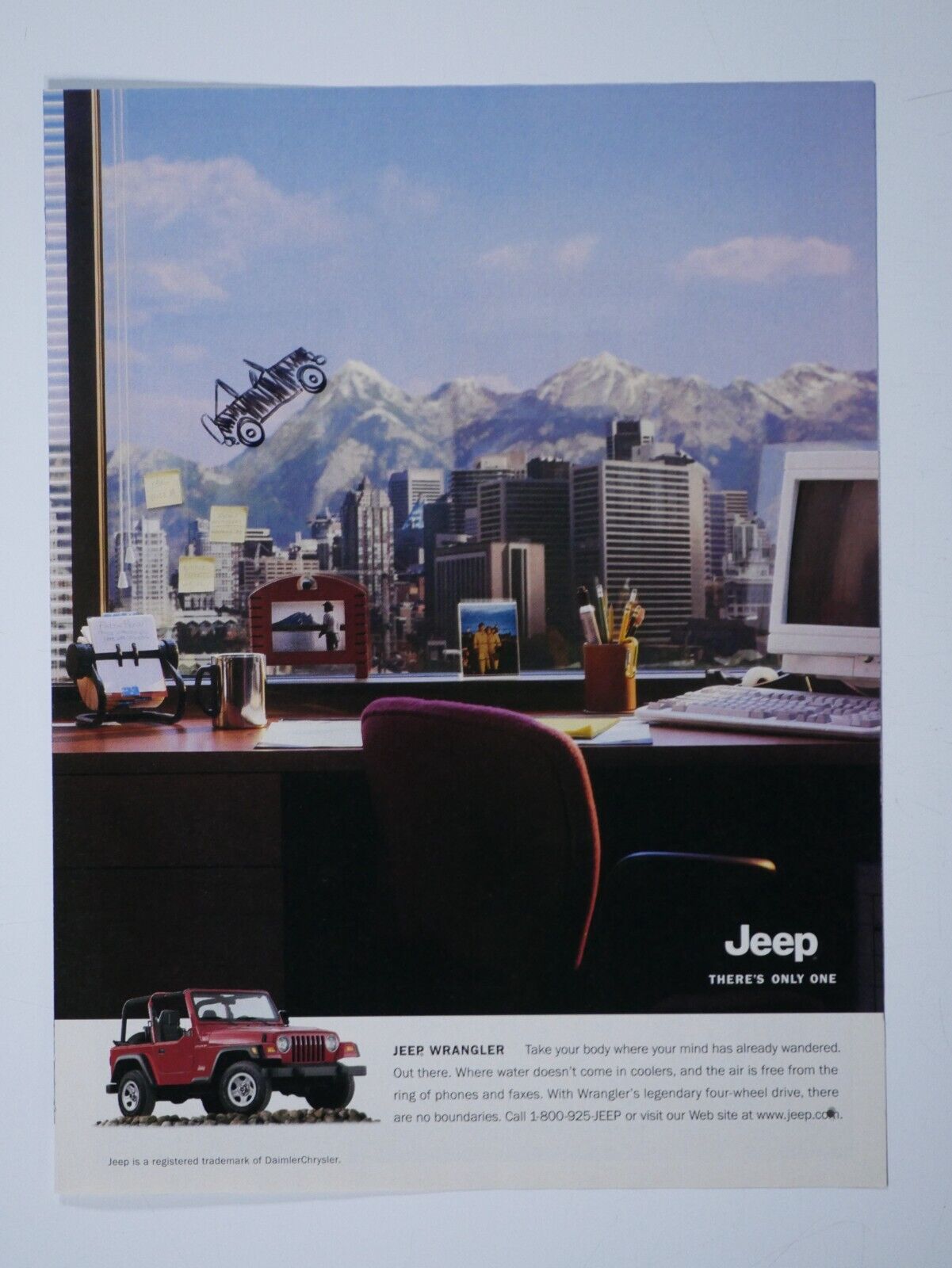 2002 Jeep Wrangler Vintage Office Window Sketch Original Print Ad
