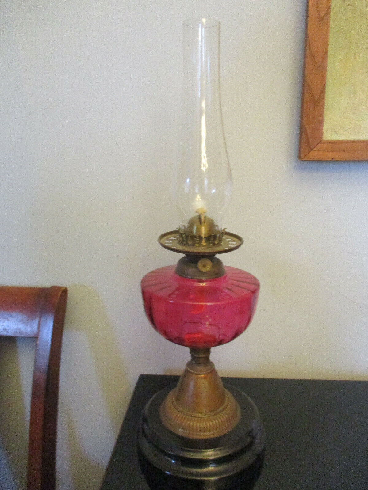 Antique Victorian Oil Lamp Cranberry Panel Glass Copper Column Ceramic Base