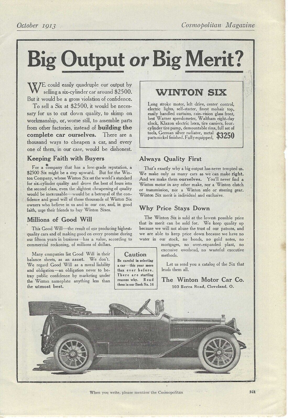 1913 Winton Motor Car Co OH Winton Six Auto Cosmopolitan Vintage Art Print Ad