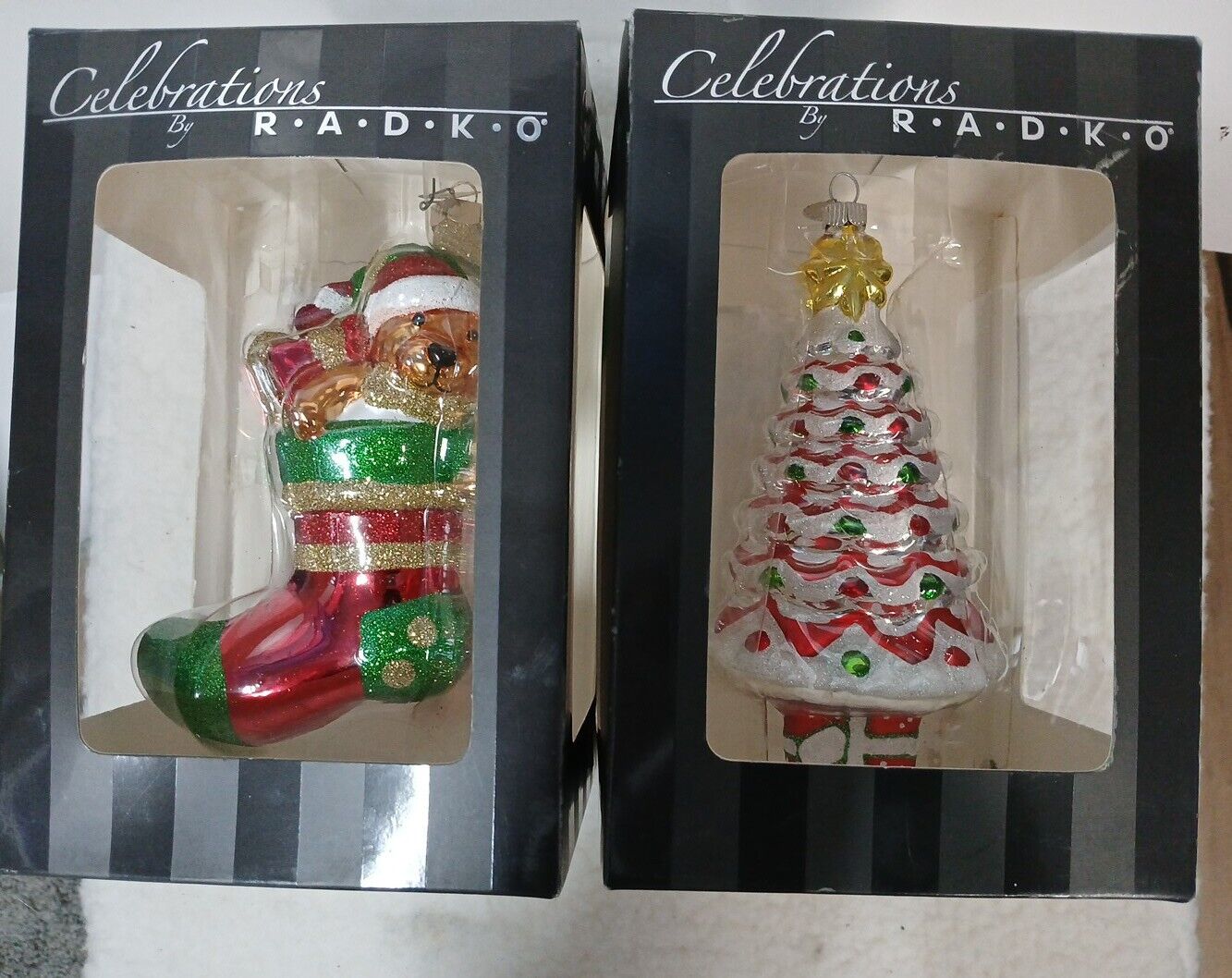 Celebrations By Radko Two 2009 Collectible Glass Hanging Christmas Ornaments NIB