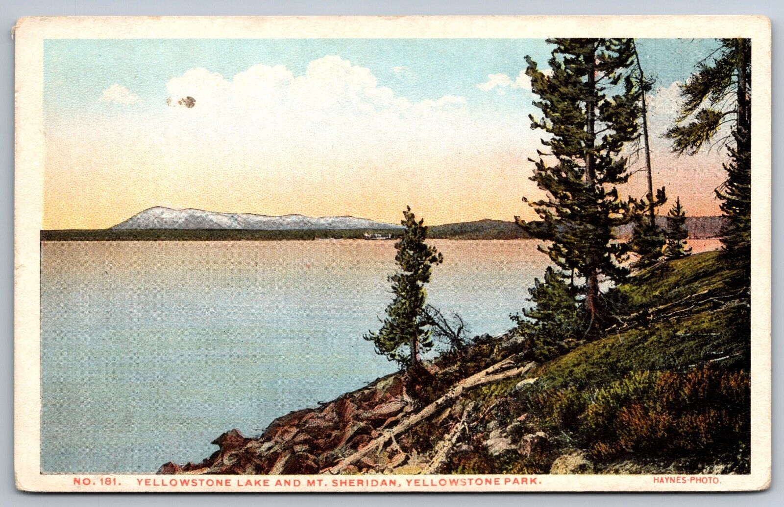 Lake & Mt. Sheridan Yellowstone Wyoming white border Postcard