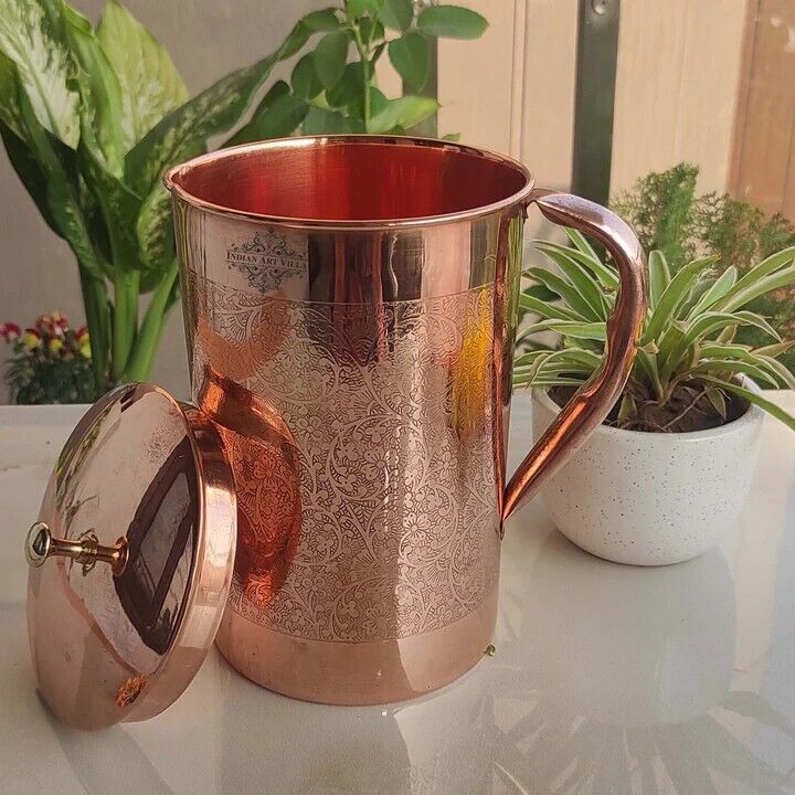 Indian Art Villa Pure Copper Embossed Jug, Pitcher With Brass Knob on Lid