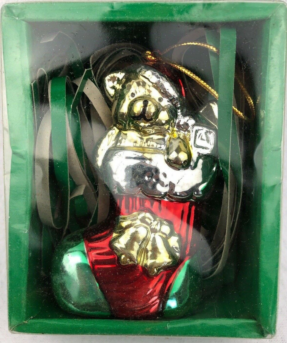 VTG 1997 Shiny Brite Christmas Ornament Stocking Teddy Bear Red/Green/Gold NIB