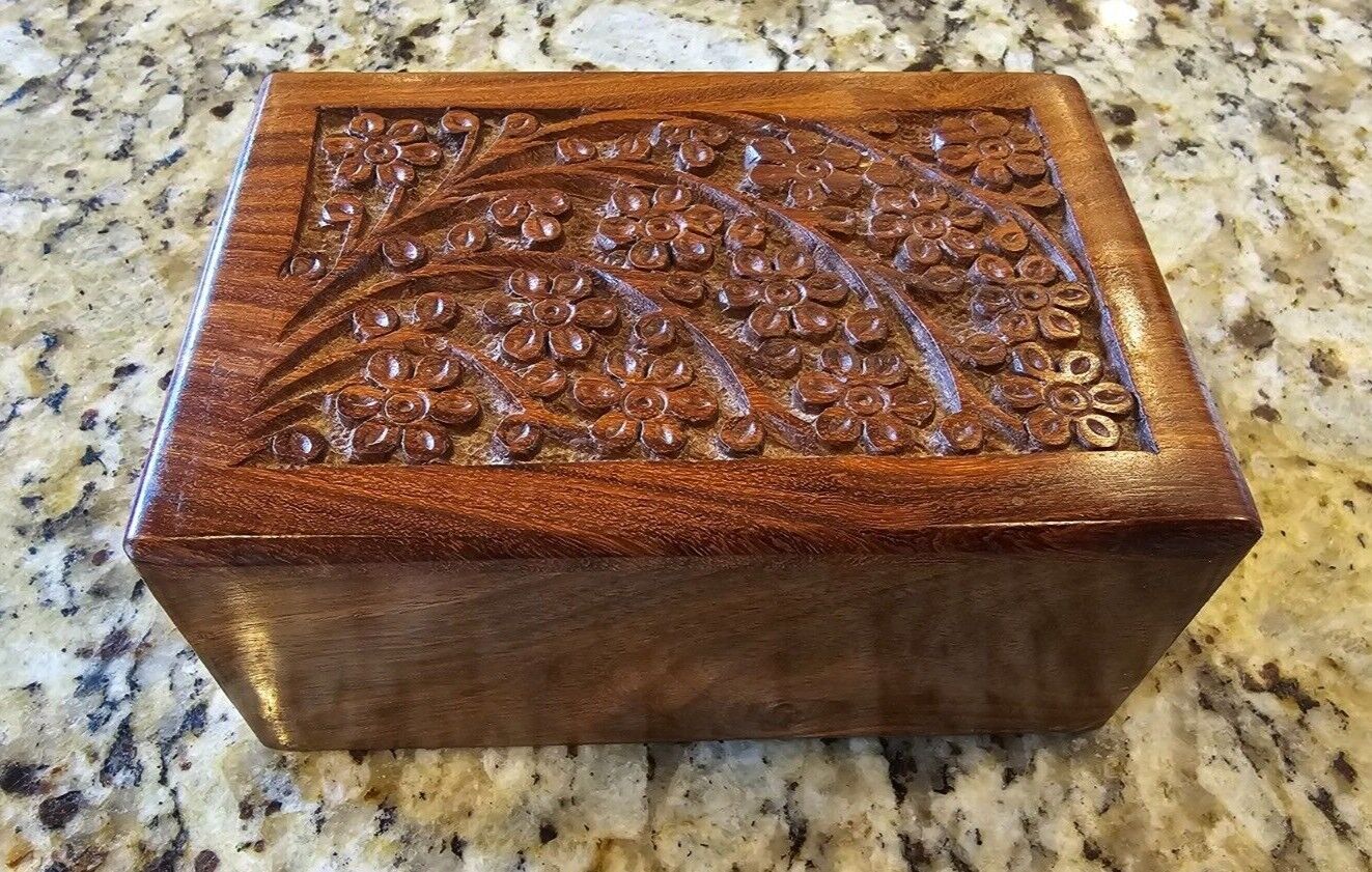 Vintage Hand Carved Wooden Jewelry Box/Animal Urn Handmade in India w/ Rosewood