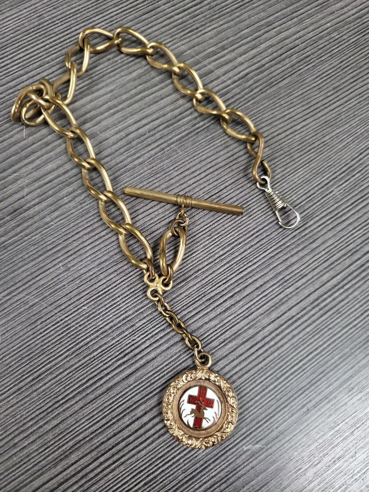 vintage Old CATHOLIC Order FORESTERS FHC Deer Cross RED ENAMEL FOB watch chain