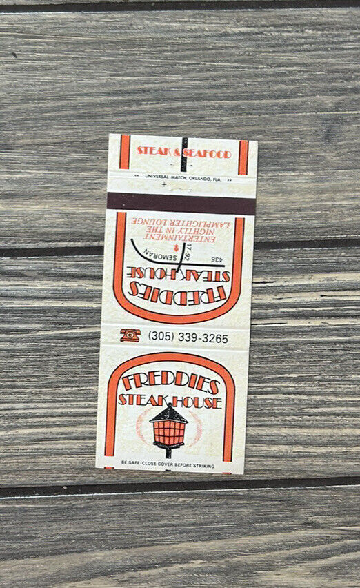 Vintage Freddie’s Steakhouse Matchbook Cover Advertisement Steak And Seafood