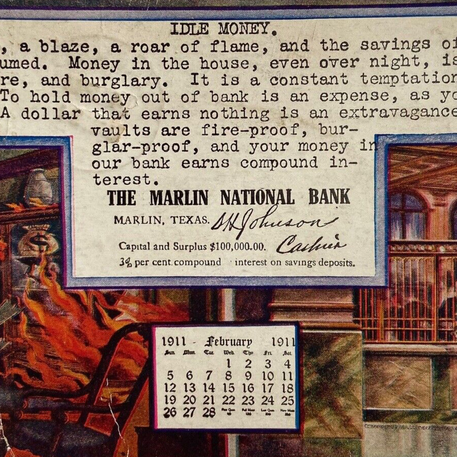 Postcard Marlin TX Texas The Marlin National Bank Advertising Calendar FEB 1911