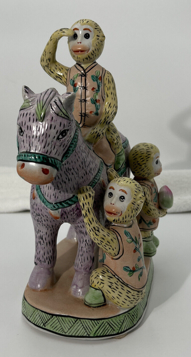 Vintage Hand Painted Asian Chinese Ceramic Monkey on Horse Large Figurine VGUC
