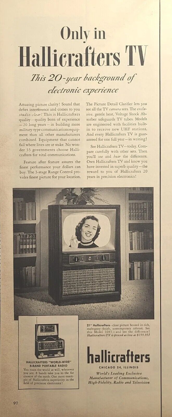 Hallicrafters TV Model 1085 Clear Picture Television Vintage Print Ad 1953