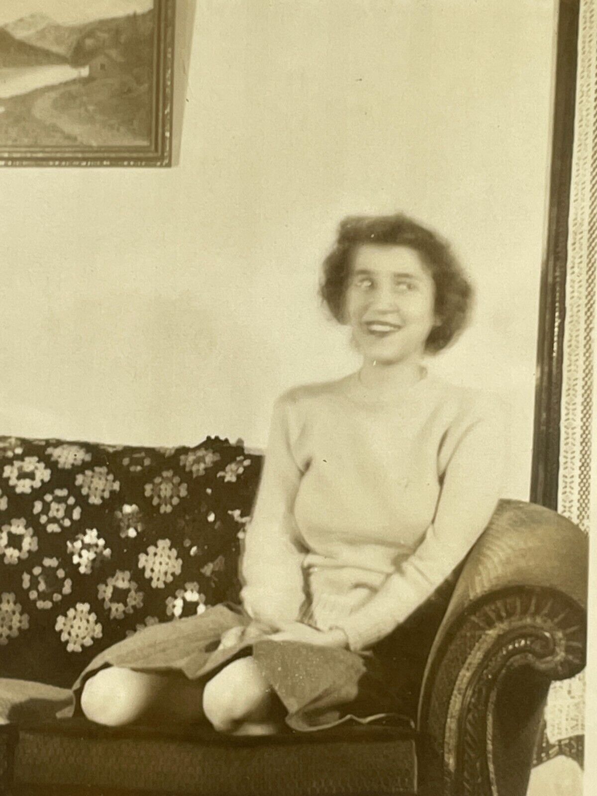 VE Photograph Beautiful Woman Lovely Lady Sitting On Old Sofa 1942 Pretty