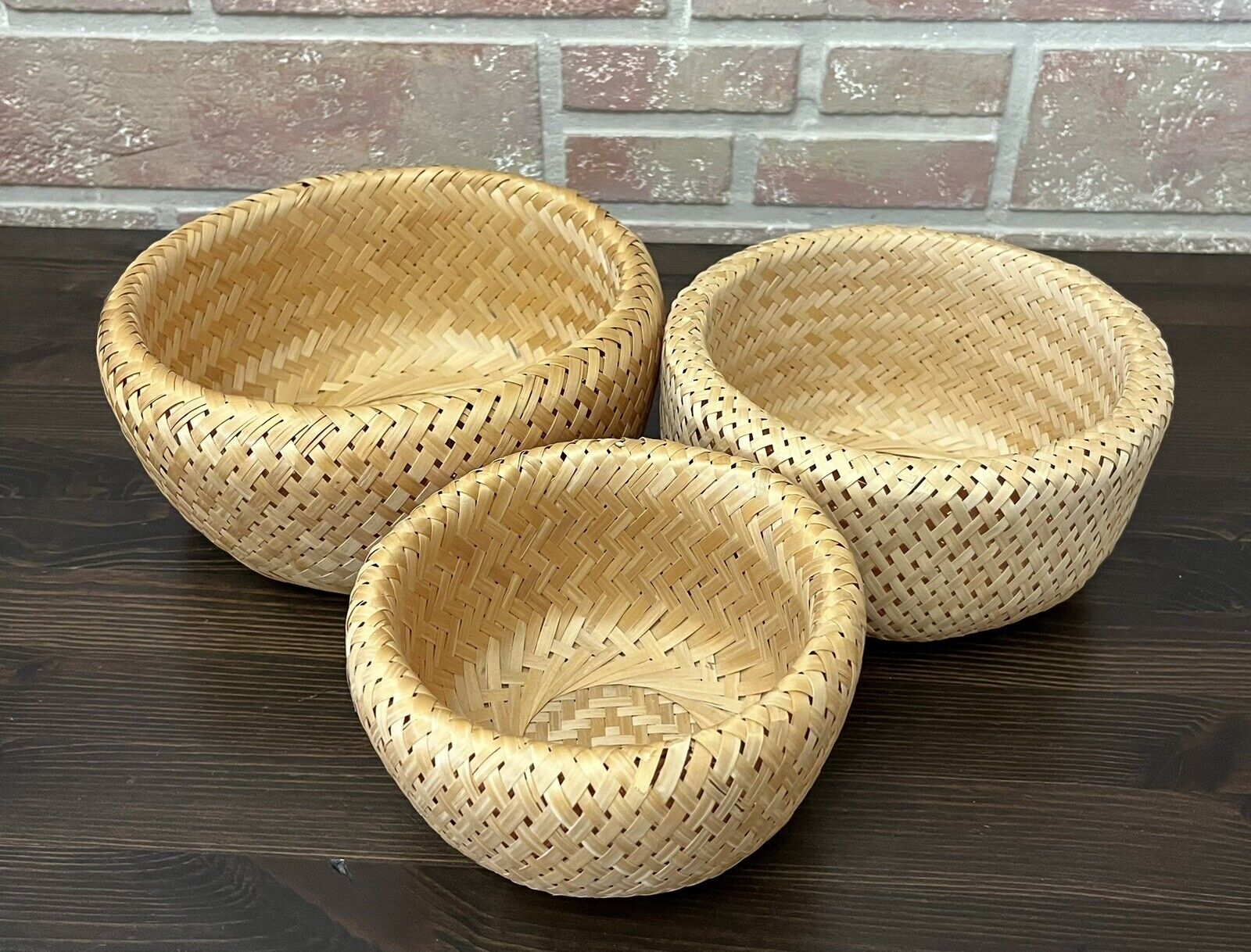 Set Of 3 Vintage Woven Bamboo Floral Nesting Baskets