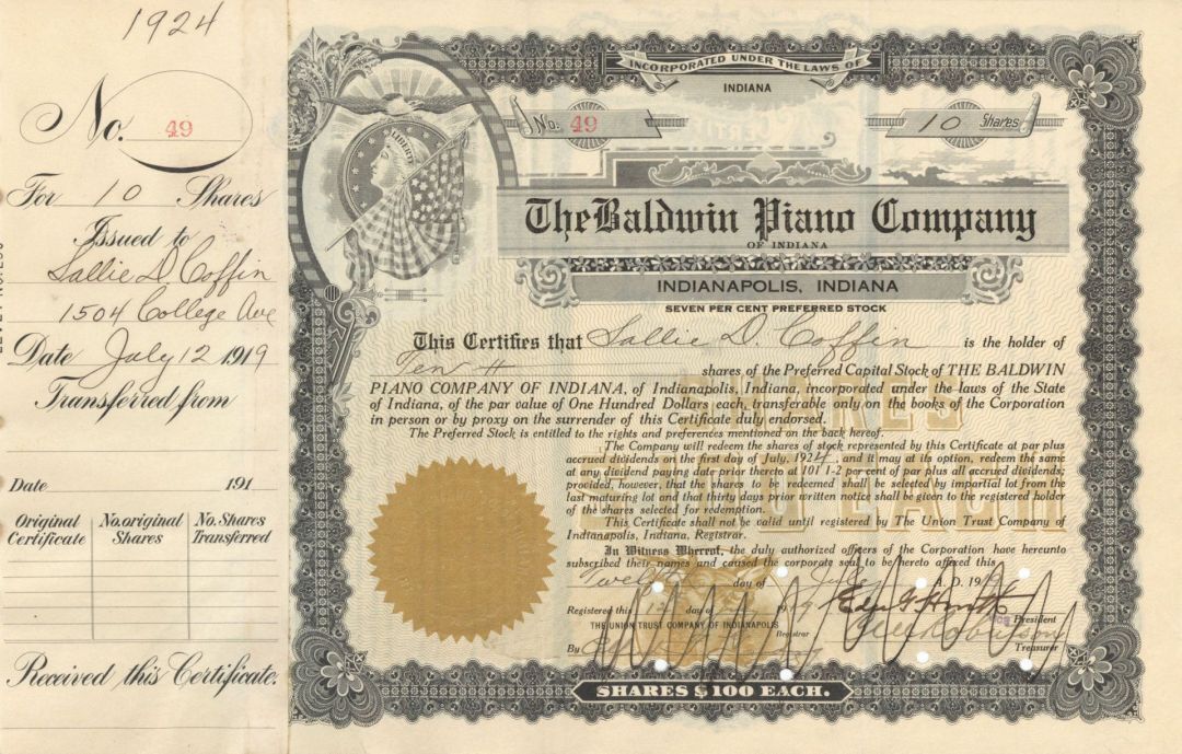 Baldwin Piano Co. of Indiana - Stock Certificate - General Stocks