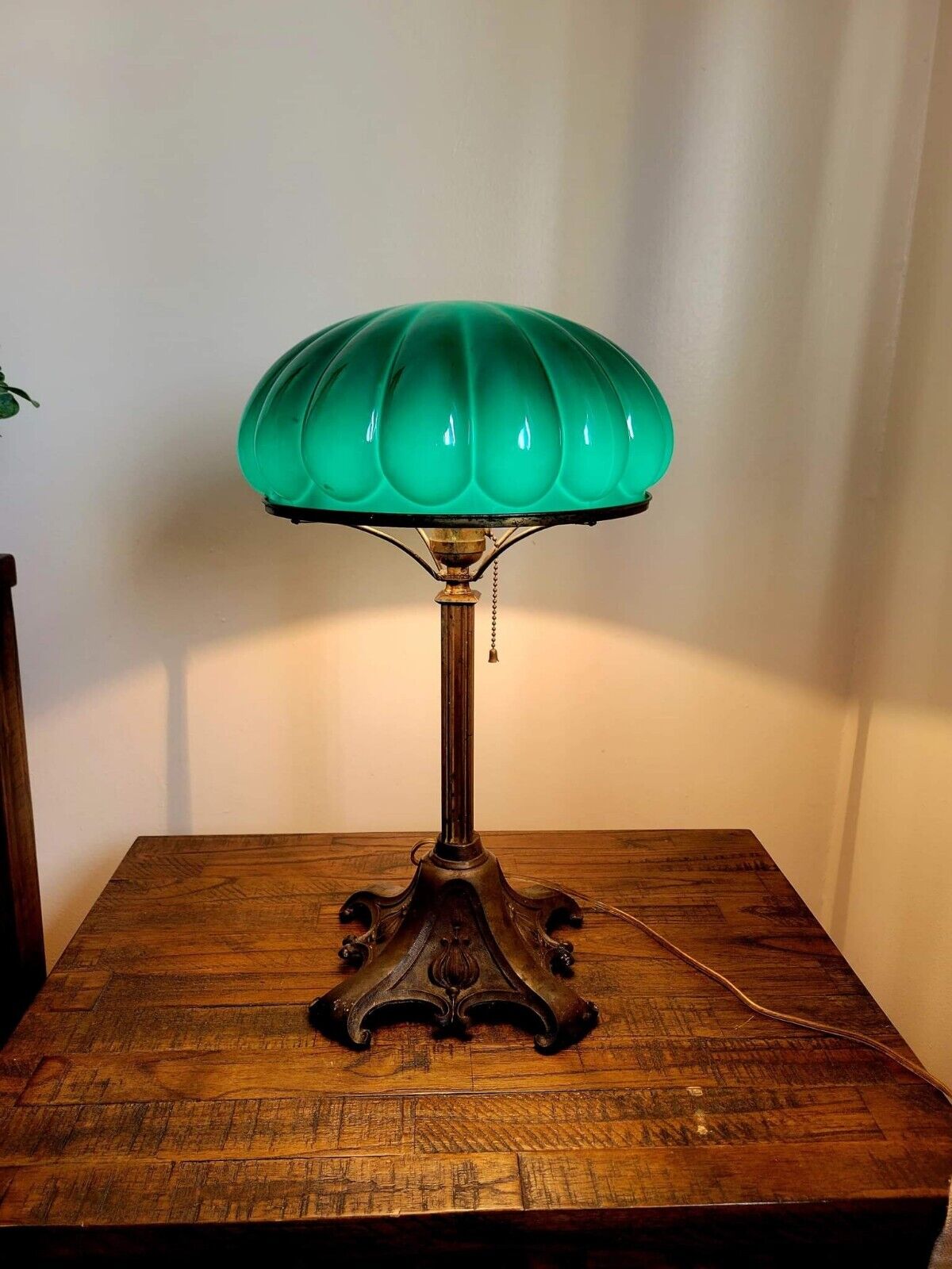 Antique 1910s Green Cased Glass Mushroom Dome Table Lamp Emeralite Style Shade