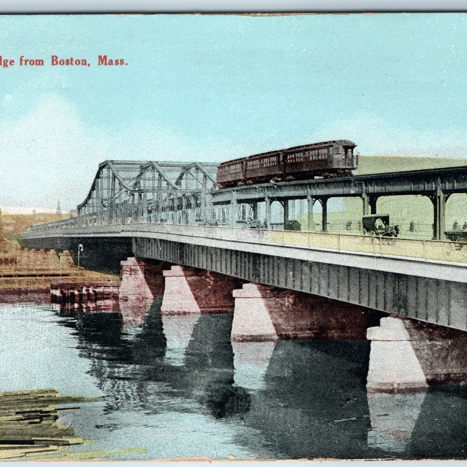 c1910s Boston, MA Charlestown Bridges Elevated Railway Passenger Train RARE A198