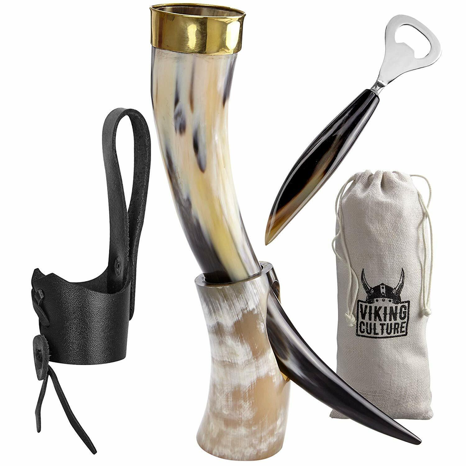 Viking Culture - Viking Horn Mug with Beer Opener, Stand, Genuine Leather Belt 