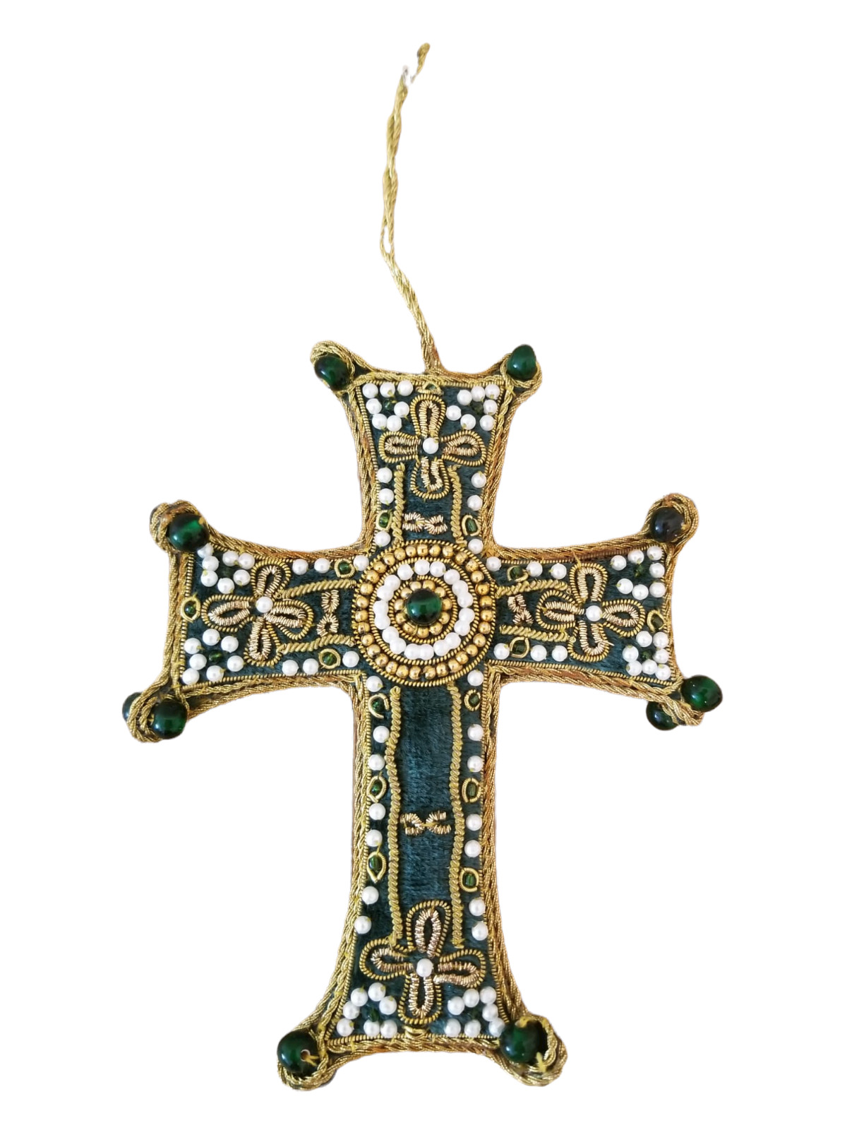 Sacre Coeur Green Gold Cross Esmeralds Wall Hanging Cord Crhristmas Decorative