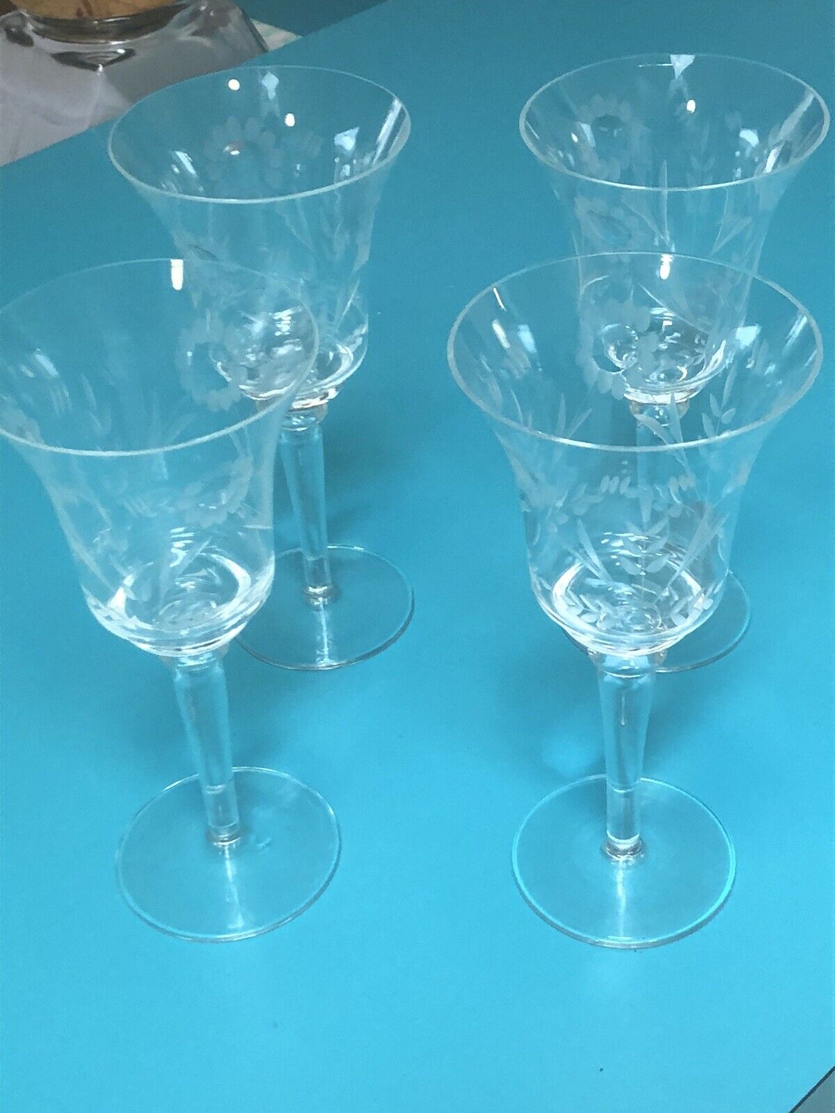 Vintage Etched Crystal Wine Glasses Set Of Four, 7 3/4”