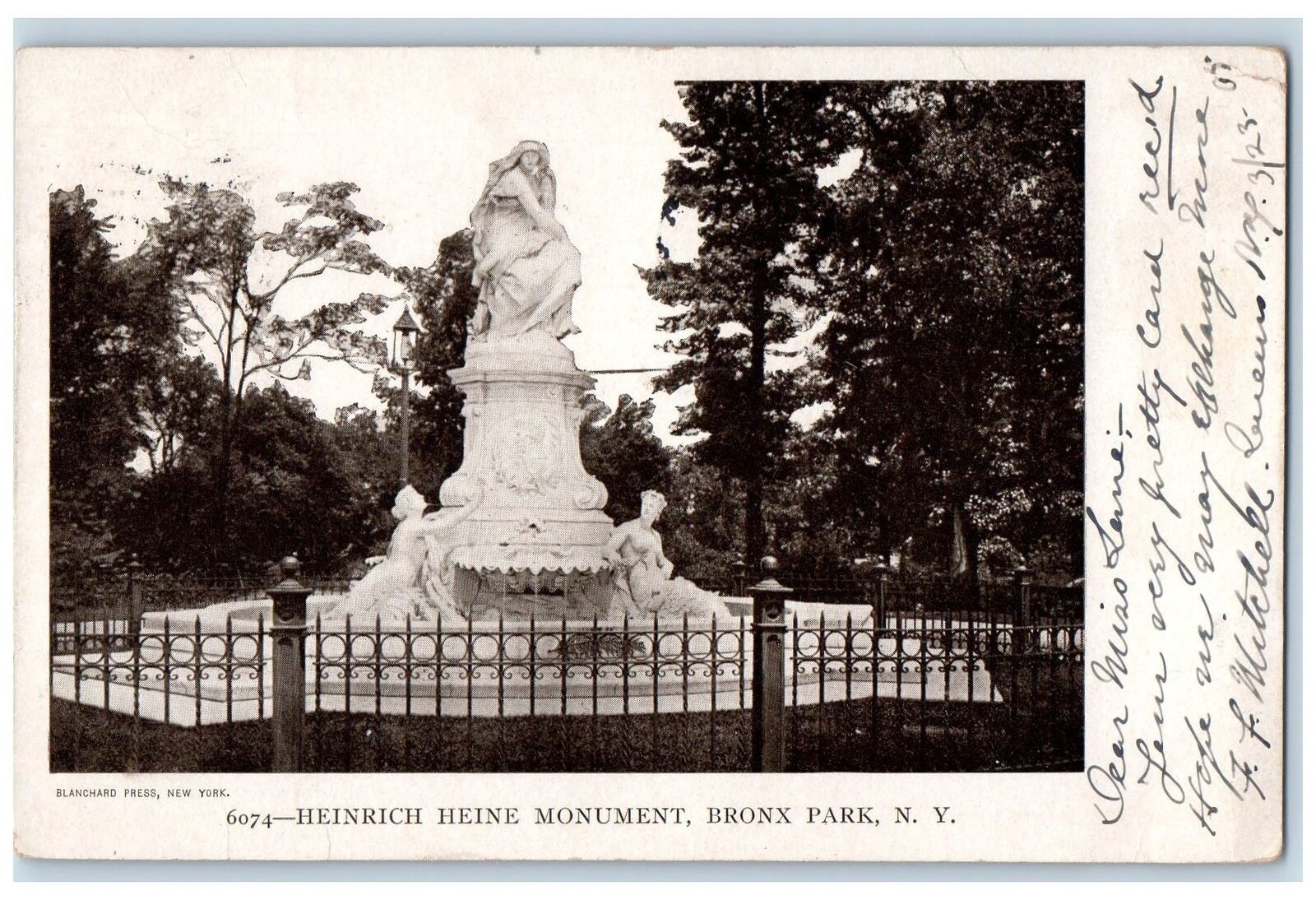 1905 Heinrich Heine Monument White Sculpture Bronx Park New York NY Postcard