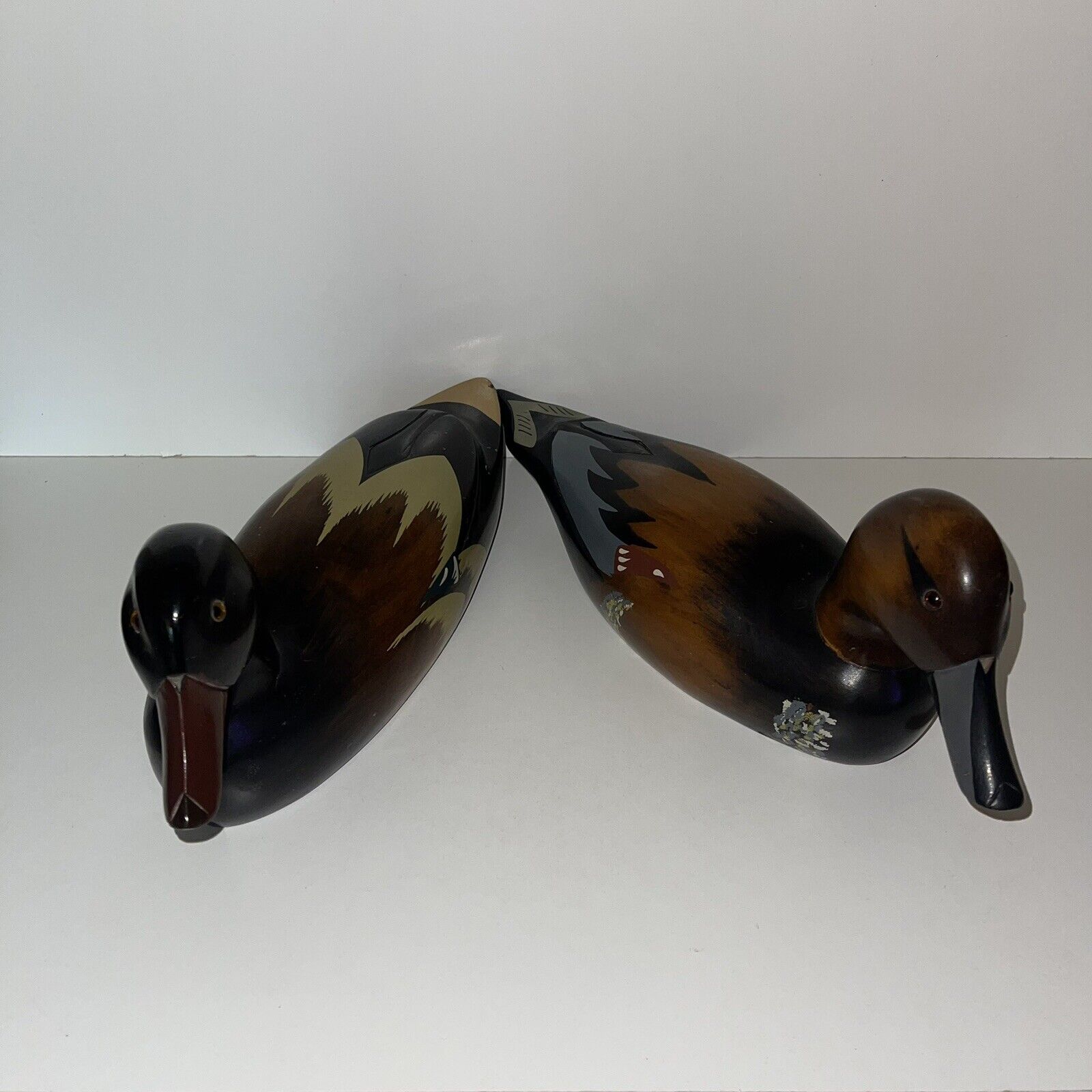 Vintage hand carved wooden ducks with glass eyes Set of 2