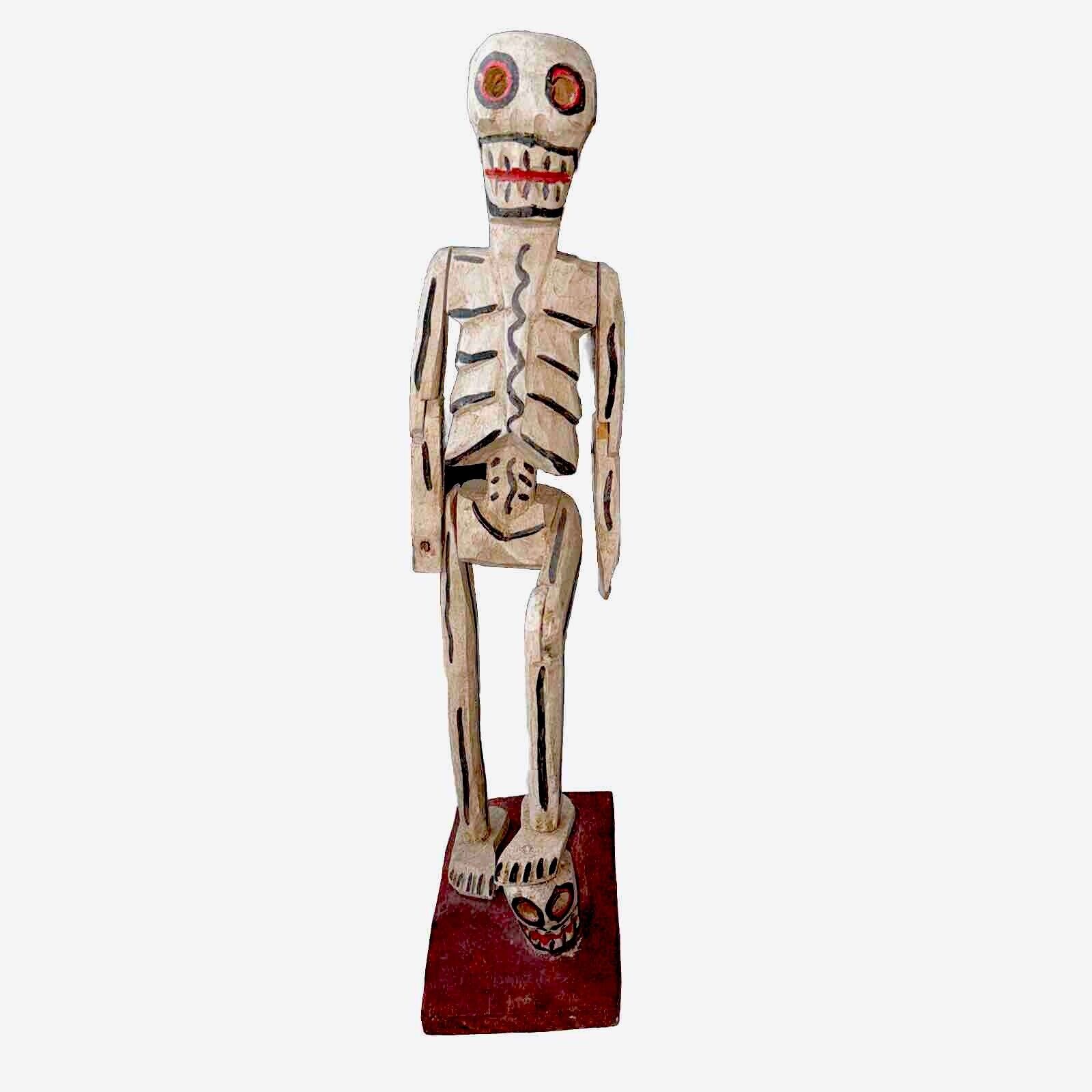 Vtg Hand Carved Folk Art Wood Skeleton Jointed DAY OF THE DEAD Oaxacan