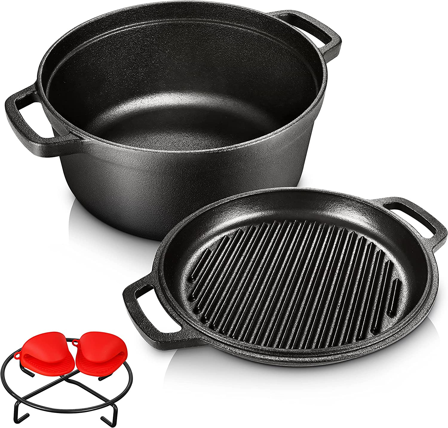 Pre-Seasoned Cast Iron 2-In-1 Heavy-Duty 5.5Qt Dutch Oven with Skillet Lid Set, 