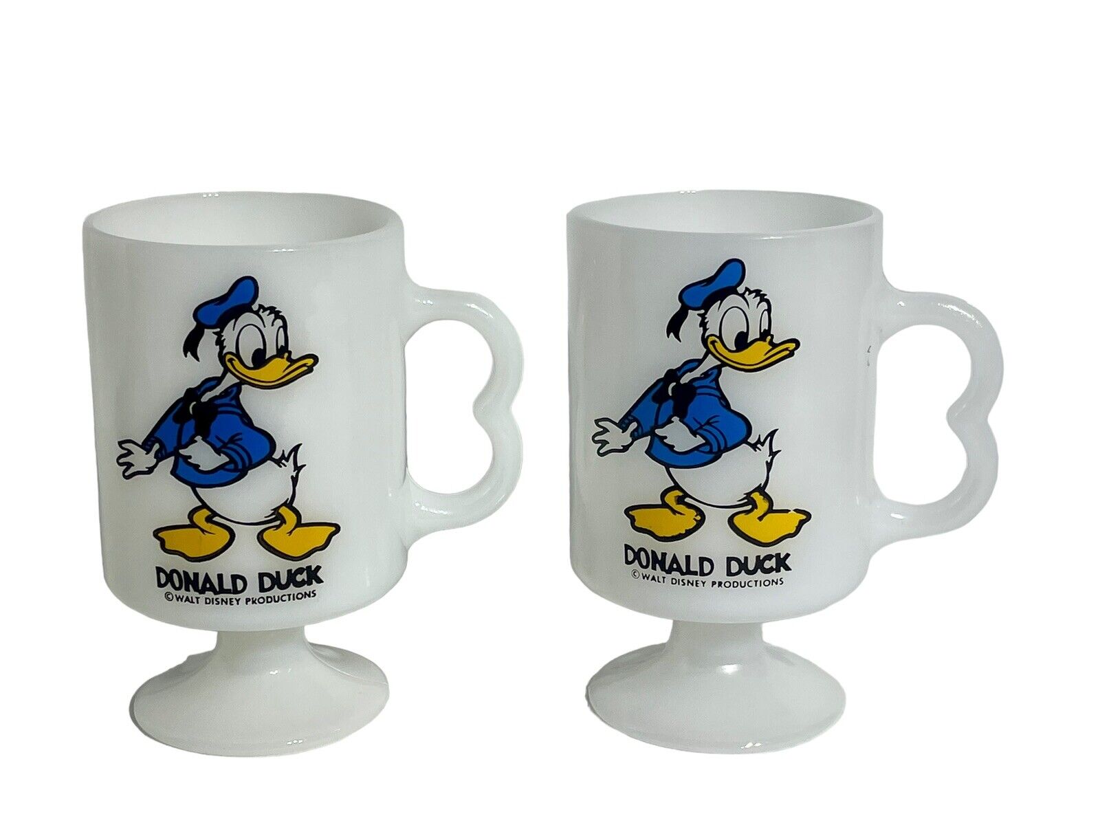 Two Pedestal Milk Glass Donald Duck Coffe Mugs 8oz Disney 