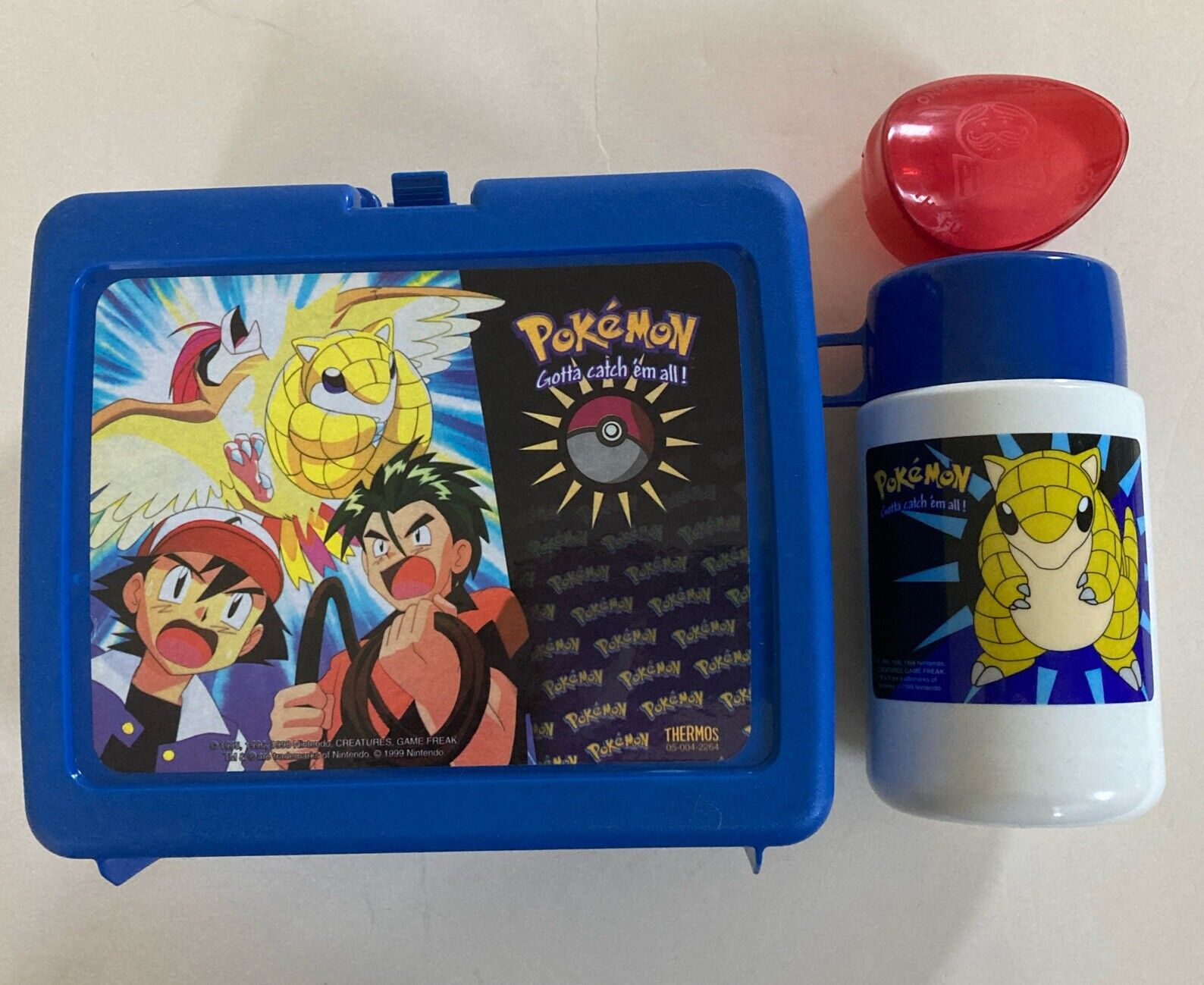 Vintage 1999 Pokemon Lunch Box Blue Nintendo Sandshrew Ash AJ With Thermos