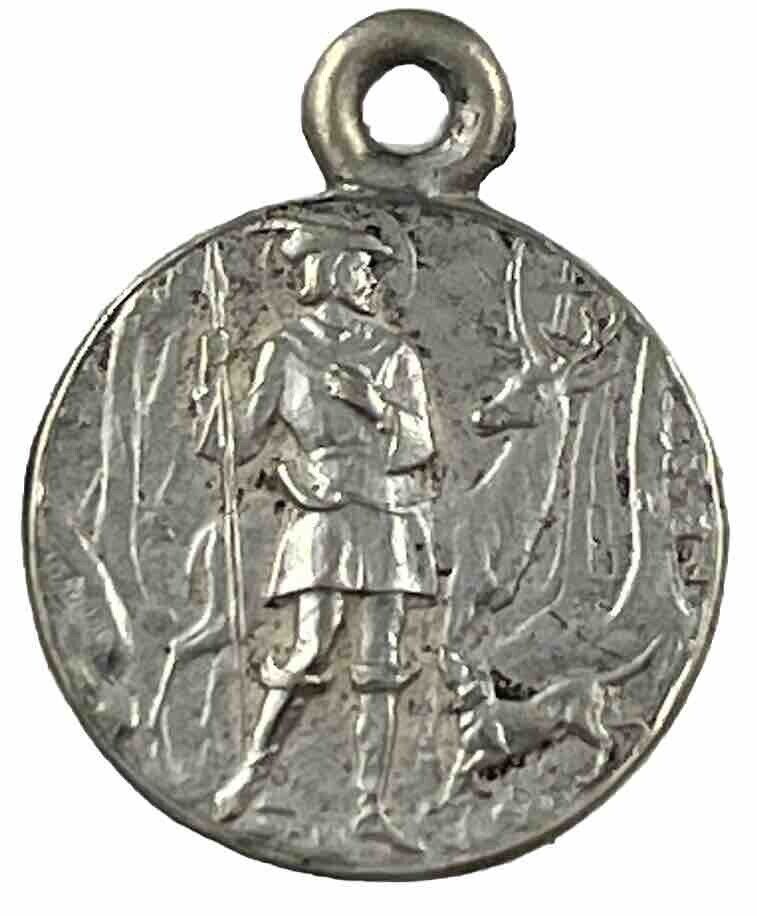 Vintage Catholic St Hubert Silver Tone Small Religious Medal, France