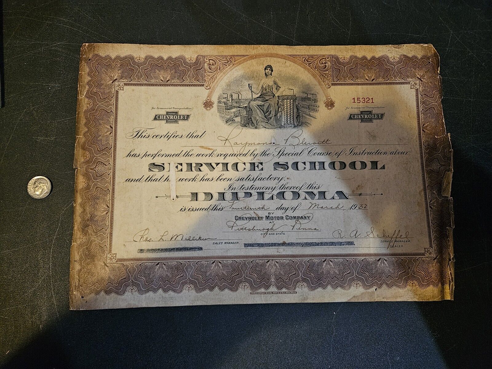 1932 Chevrolet Motor Company Service School Diploma Pittsburgh PA VINTAGE