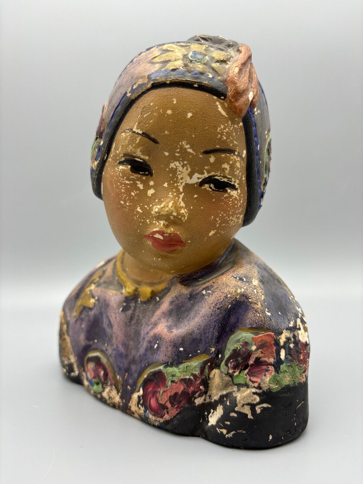 STUNNING Antique Esther Hunt LOTUS BUD Chalkware Bust - Signed - 1920s