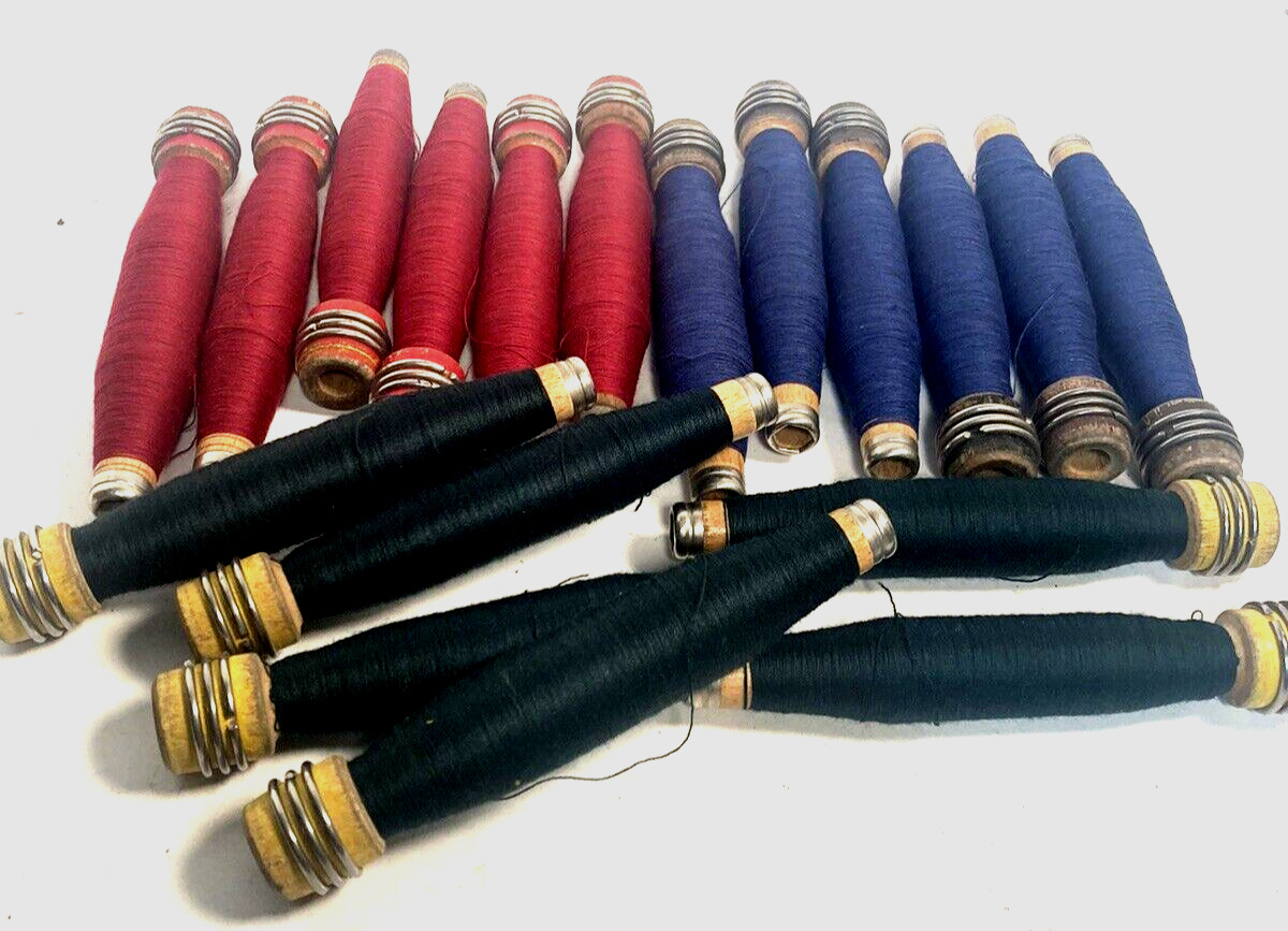Wood Quills Wrapped Bobbins, Spools, Wooden Threaded, Textile, lot of 18: