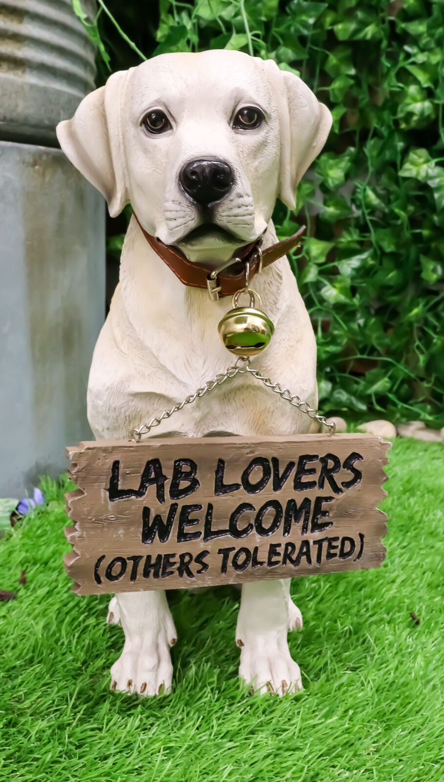 Lifelike Yellow Labrador Retriever Dog With Welcome Jingle Collar Sign Statue