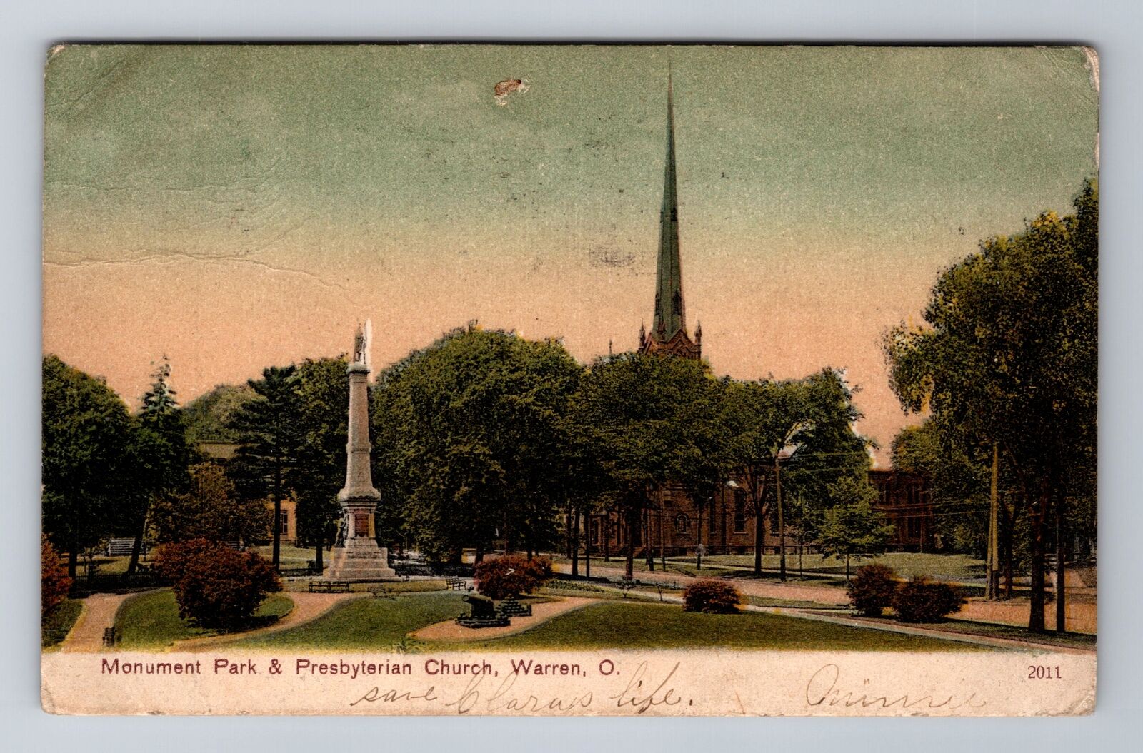 Warren OH-Ohio, Monument Park & Presbyterian Church, Vintage c1907 Postcard