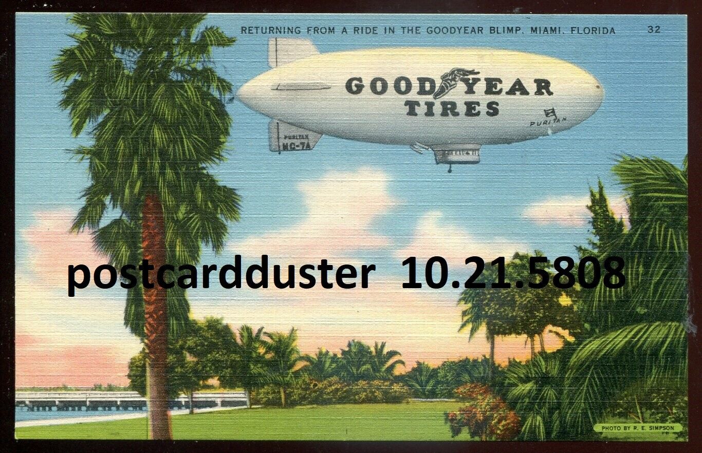 MIAMI Florida Postcard 1940s Goodyear Blimp Puritan NC-7A Zeppelin Airship