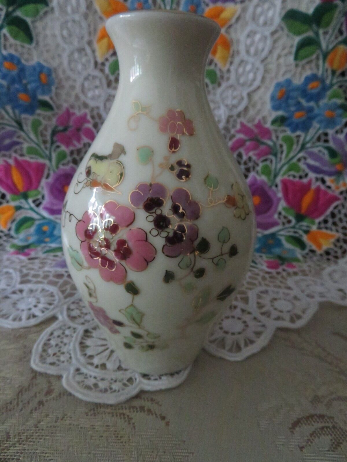  Zsolnay Vintage Hand Painted Porcelain Floral  Vase Laced with 24K Gold