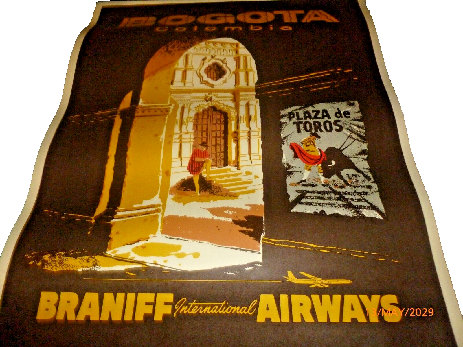 Vintage 1960s Original BRANIFF AIRWAYS Bogota Colombia TRAVEL POSTER 20x26