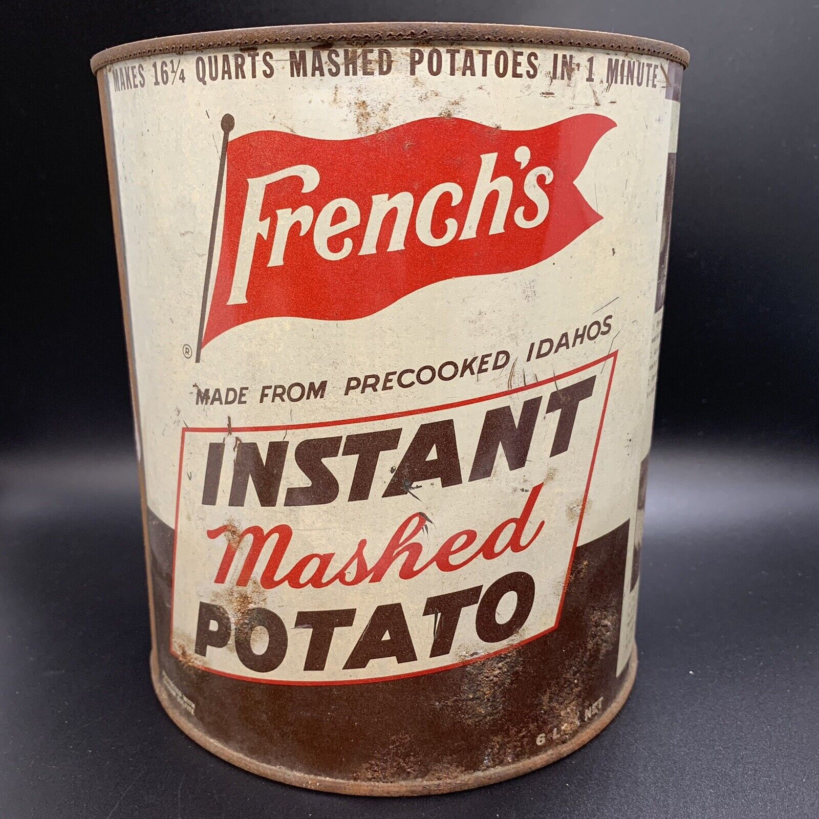 Vintage French’s Instant Mashed Potato Metal Tin Can Sign Idaho Mustard Ad Litho