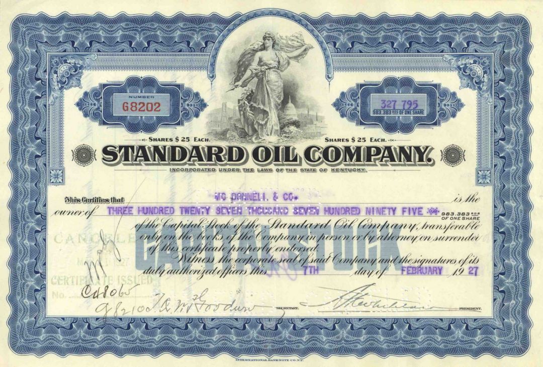 Standard Oil Co. - Dated 1920\'s Kentucky Oil Stock Certificate - Has Become Extr