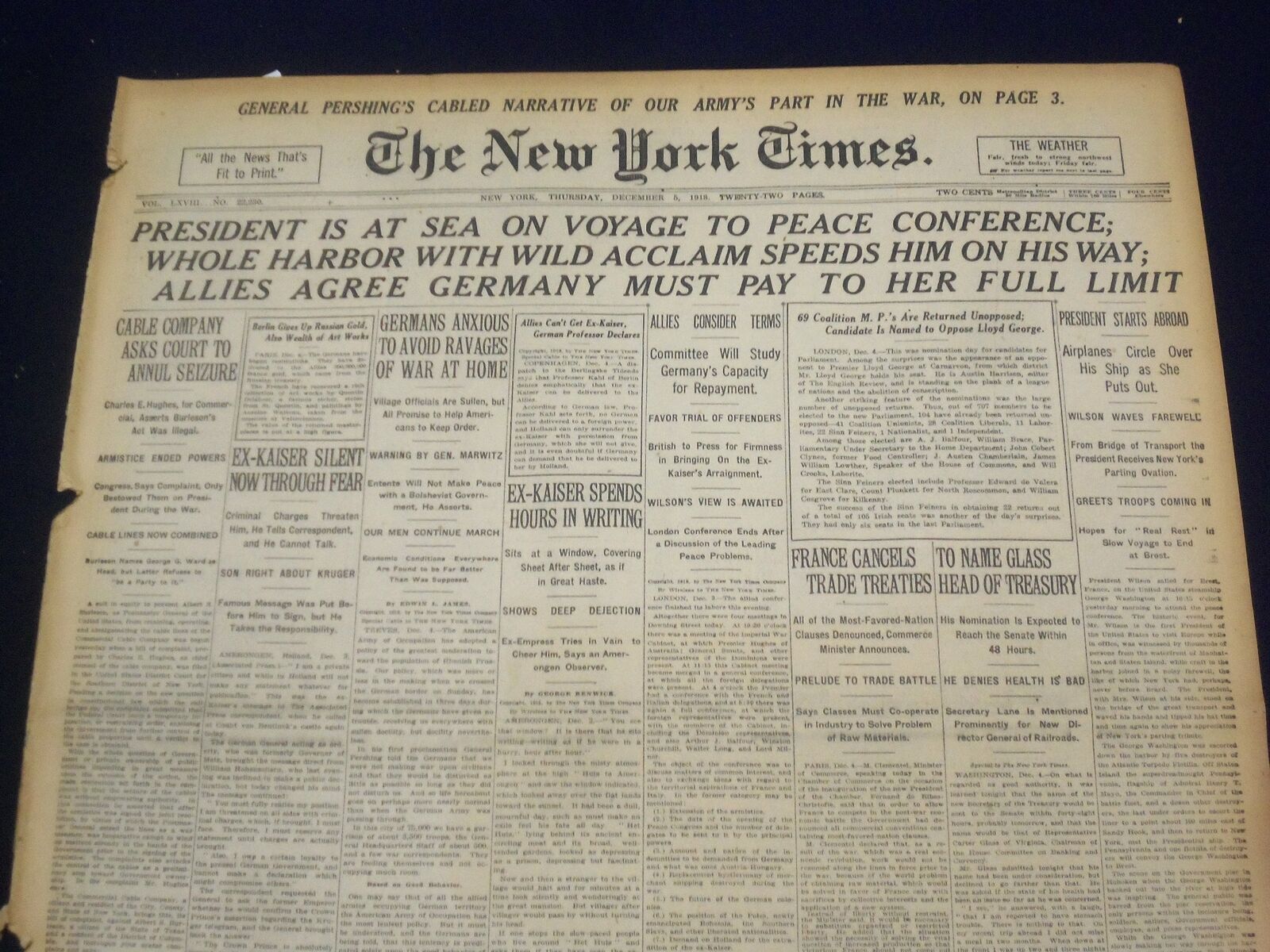 1918 DECEMBER 5 NEW YORK TIMES - PRESIDENT AT SEA, PERSHIING NARRATIVE - NT 9162