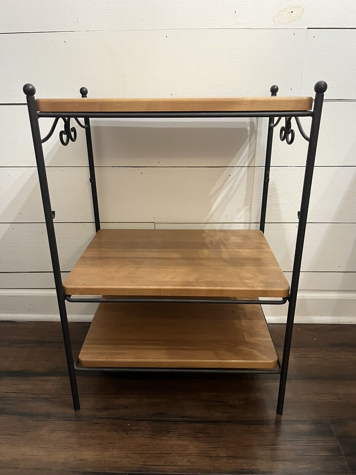 Vintage LONGABERGER Foundry Wrought Iron 3 Tier Stand With 3 Wood Shelves