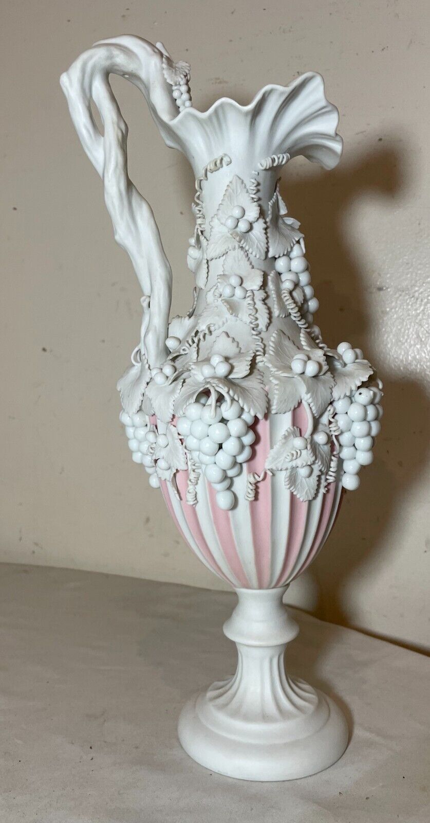 antique English handmade Bennington pink parian porcelain grape vine ewer vase