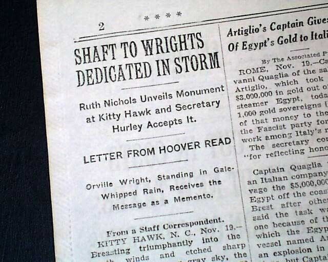 Orville WRIGHT BROTHERS MONUMENT National Memorial Dedication 1932 old Newspaper
