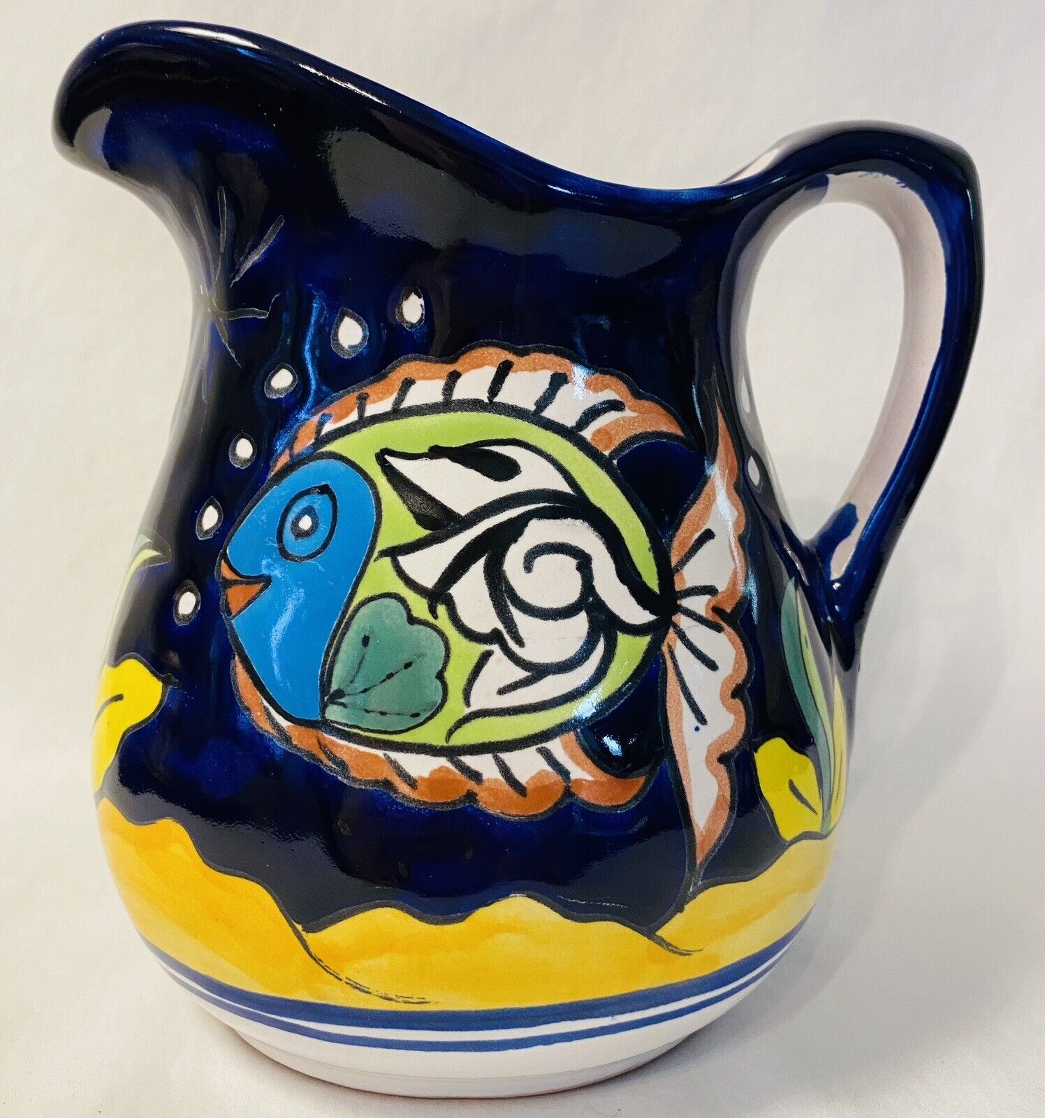 Talavera Water Pitcher Jug Can Mexican Folk Art Pottery Fish Motif Hand Painted