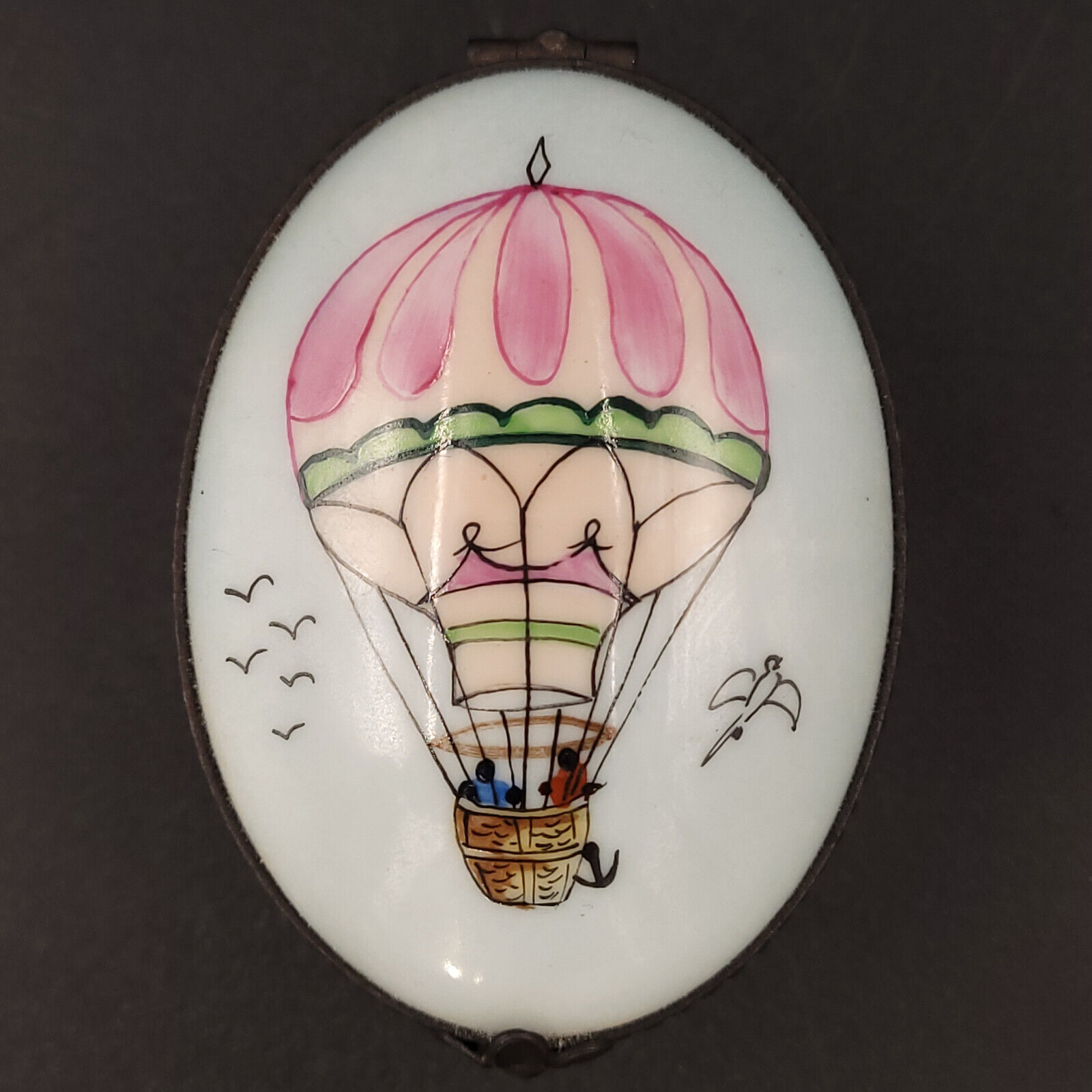 Limoges France Rochard Oval Hand Painted Signed Hot Air Balloon Trinket Box